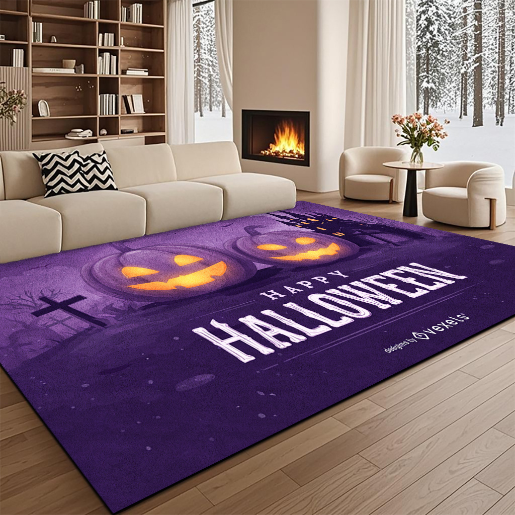 Commercial Printing House - Purple Happy Halloween Rectangle Area Rug,Pumpkin